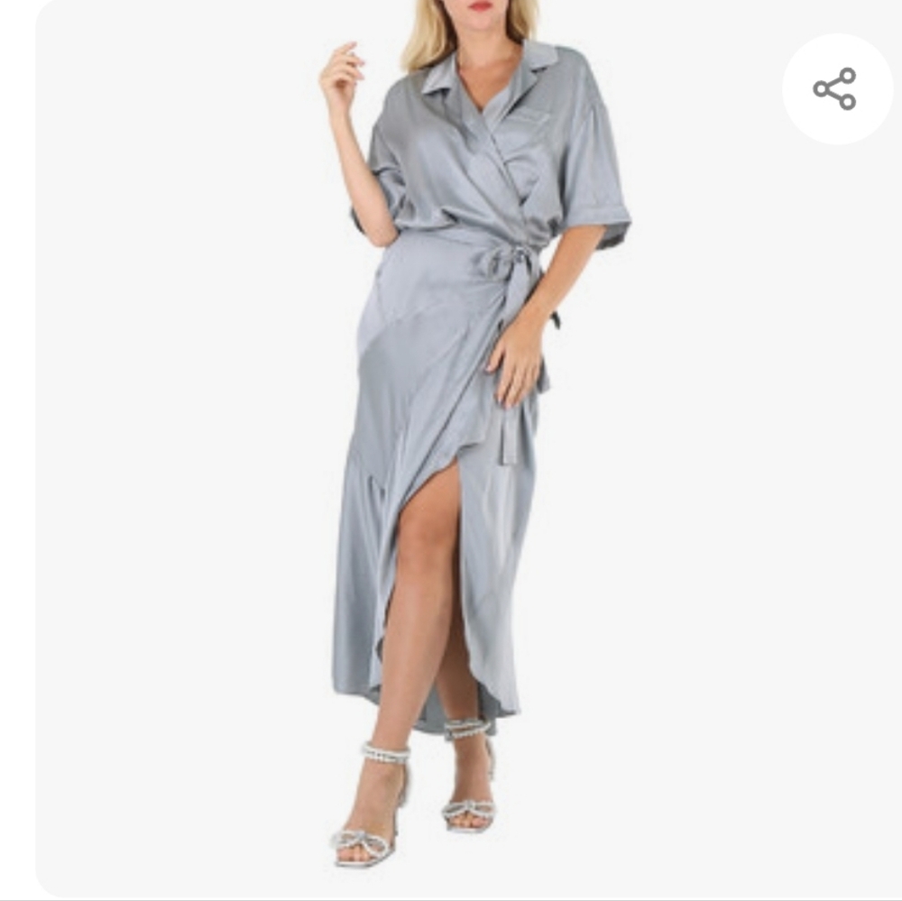 Burberry NEW Emily Mineral Blue 100% SILK Satin Tie Waist Shirt Dress Size 10 - Picture 2 of 16
